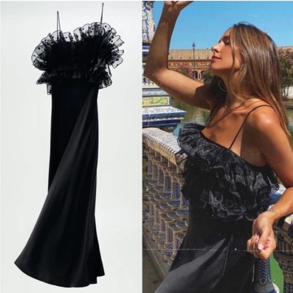 ZARA Organza Ruffle Slip Dress Polka Dot Midi Maxi Black Bloggers Fav - Picture 1 of 10